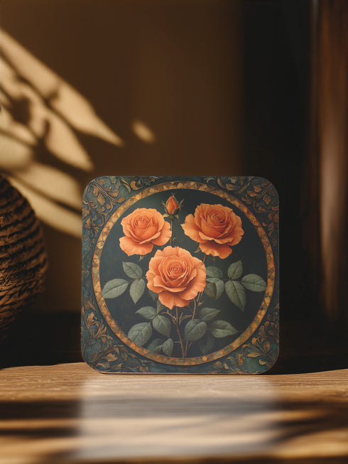 Set of four 4x4 inch square coasters featuring an enchanted floral design titled “Love’s Garden.” Each coaster showcases a romantic garden motif with soft botanical illustrations in warm, earthy tones. Made of durable materials with a smooth finish, ideal for protecting surfaces in mystical or romantic spaces.